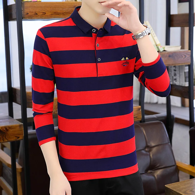 Spring Autumn Turn-down Collar Contrast Color Men\'s Clothing Button Striped Long Sleeved Pullover T-shirt Comfortable Tops