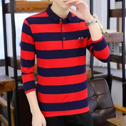 Spring Autumn Turn-down Collar Contrast Color Men's Clothing Button Striped Long Sleeved Pullover T-shirt Comfortable Tops