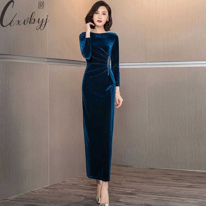 

Elegant Skinny Long Dress Women French Style Gold Velvet Round Neck Party Dress Office Lady Vintage Pencil Vestidos De Fiesta