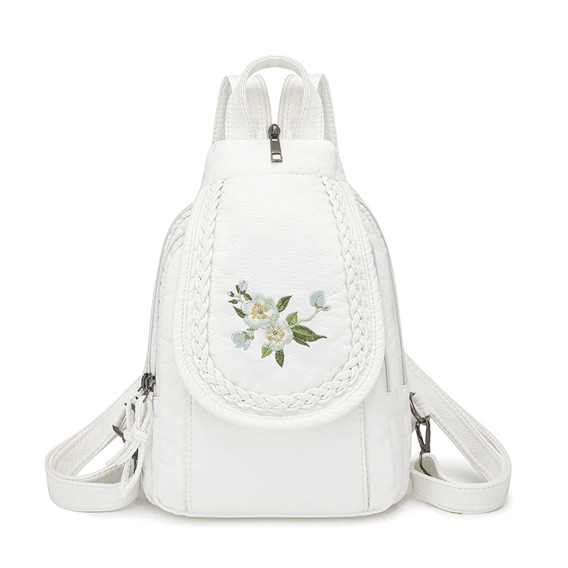 Hot white women's backpack, women's washed soft PU leather backpack, women's bag, flower embroidery backpack, travel backpack, b