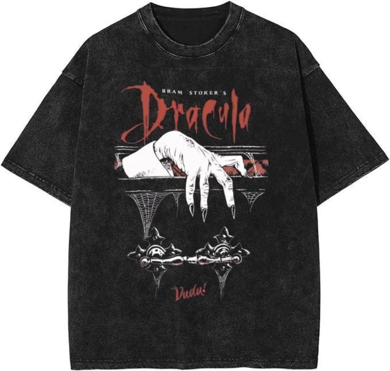 Danqi Yoyo Dracula Acid Washed Tee, Horror Shirt, Vintage Tee New Spring/Summer Arrivals  Round Neck T-shirt Mens T-Shirt