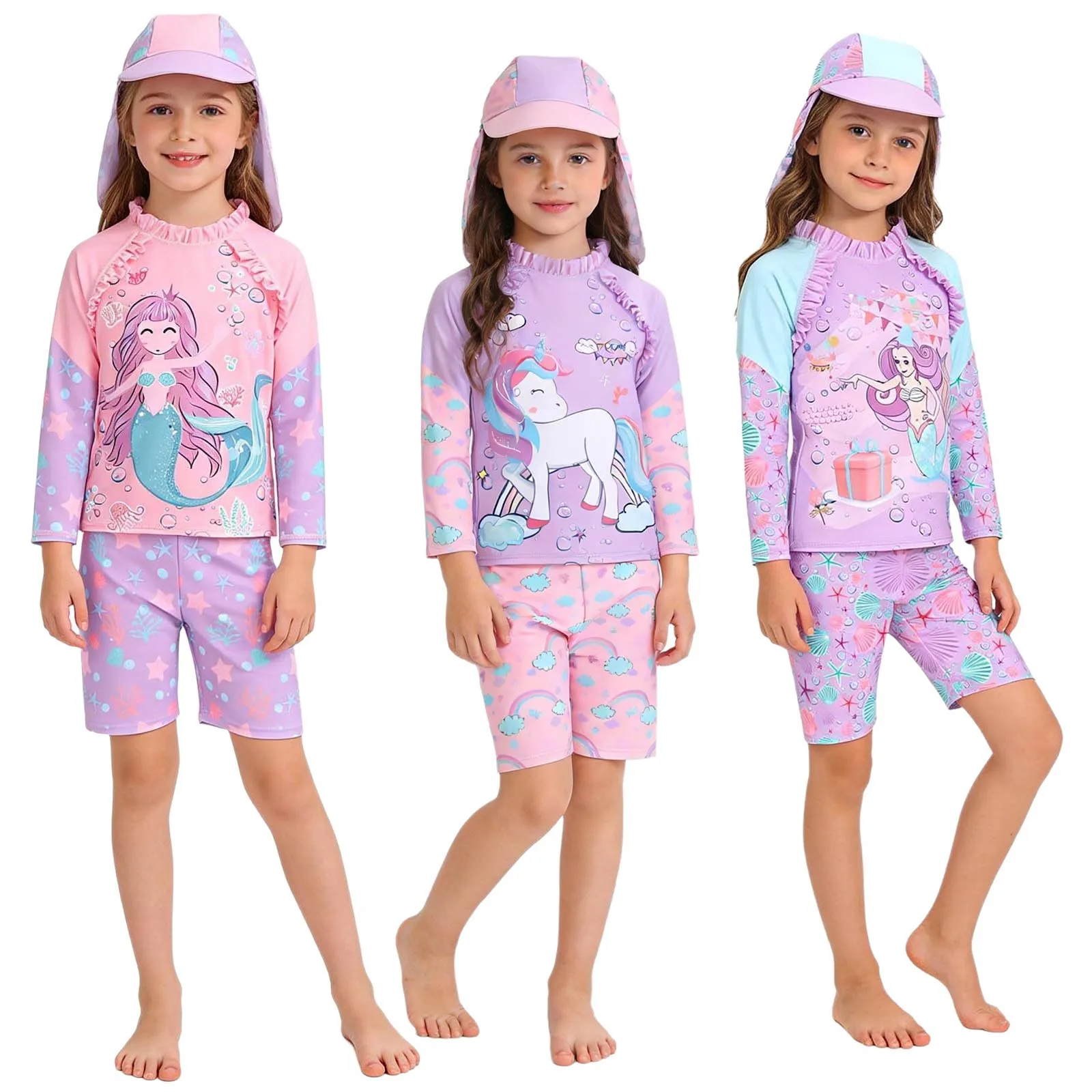 

Children Girls 3 Pieces Swimsuit Cute Cartoon Pattern Long Sleeves Bathing Shirt Top with Shorts And Hat Set Pool Beach Swimwear