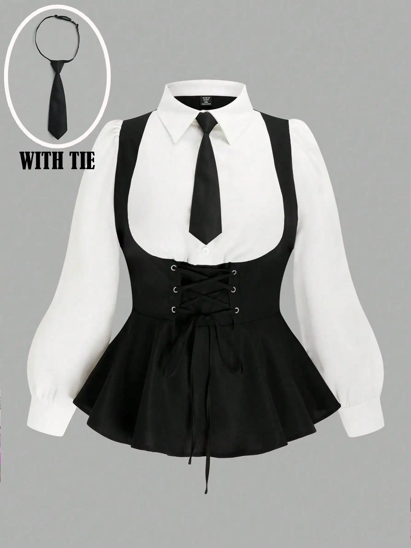 

Женская блузка-топ с длинным рукавом, U-образным вырезом, однотонная, с контрастным декором, на завязках спереди, А-силуэт, с оборками, осенняя одежда для женщин больших размеров