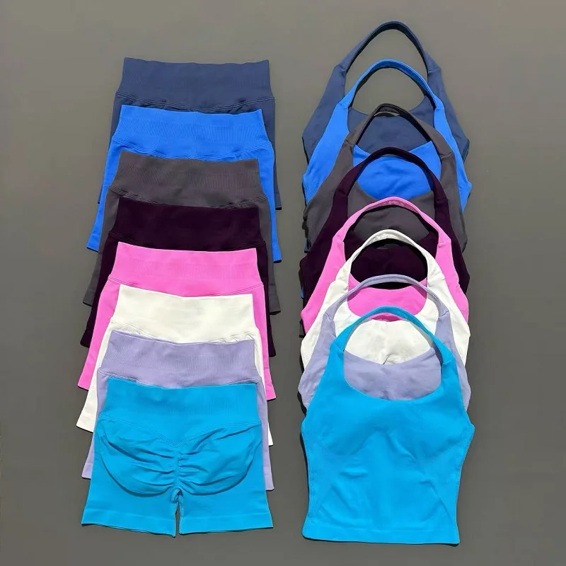 

2 Pieces Shorts Yoga Set Women Backless Halter Tops High Waist Seamless Shorts Gym Suit Fitness Sportswear Workout Sets