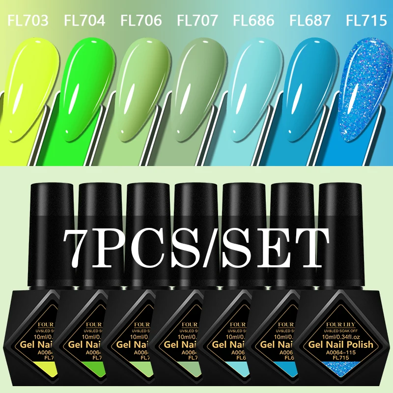 

Набор из 7 гель-лаков: неоновый зеленый, флуоресцентный желтый, синий с блестками, стойкий, смываемый, для УФ/LED-ламп, для маникюра в салоне и дома