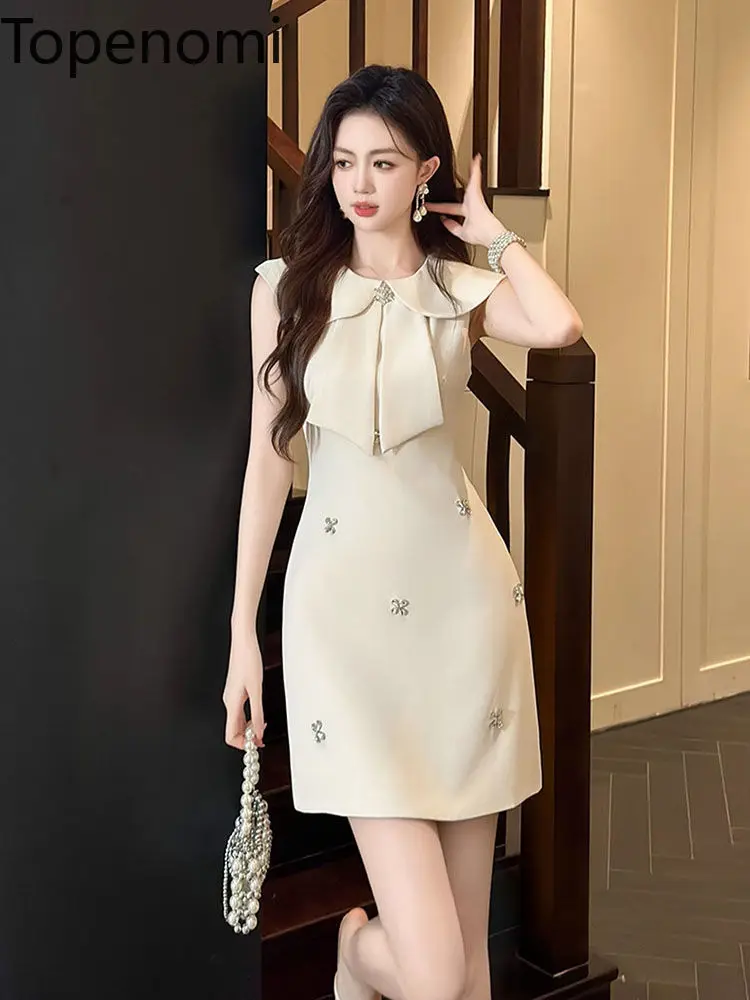 

Topenomi Summer Beading Sleeveless Party Dress Women Peter Pan Collar Waist Slim Fit Short Evening Gown Luxury Fashion Dresses