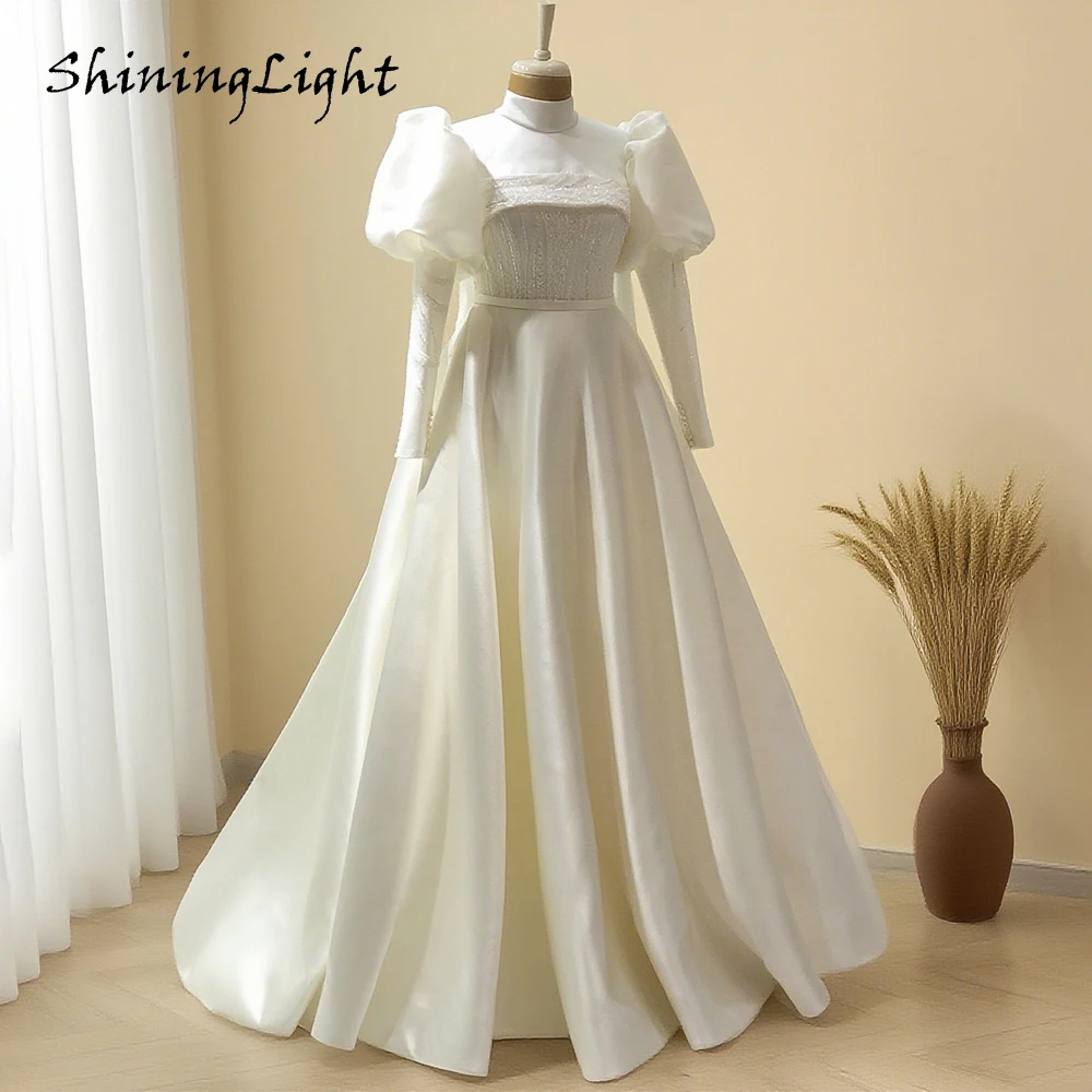 

ShiningLight Elegant Satin Muslim Wedding Dresses with Puff Long Sleeves A-Line Beaded Bridal Gowns Vestidos De Noiva Customized