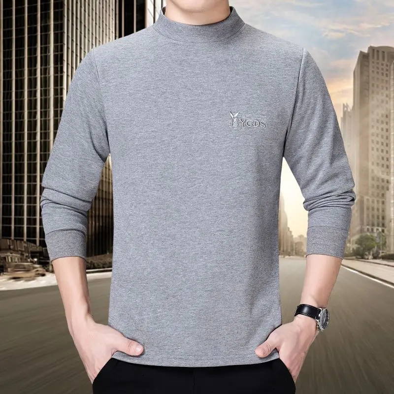 

Men's Solid Autumn Winter Pullover Turtleneck with Embroidered Long Sleeve T-shirt Formal Undershirt England Style Slim Tops