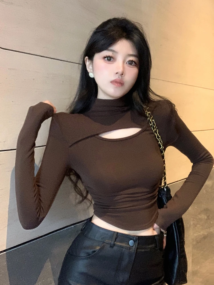 Retro Spicy Girl Half High Collar Hollow out Slim Fit Long Sleeve T-Shirt Pure Color Base Layer Shirt Inner Wear Top for Women