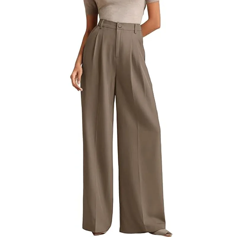 Summer Women Pants High Waist Wide Leg Trousers Beige Pleated Front Wide Leg Pants Black Office Women's Full Length Pants