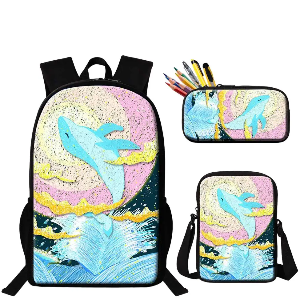 Hand Drawing Style Art Painting Printing 3pcs Back To School Gifts for Students Durable Large Capacity Bag Messenger Bag