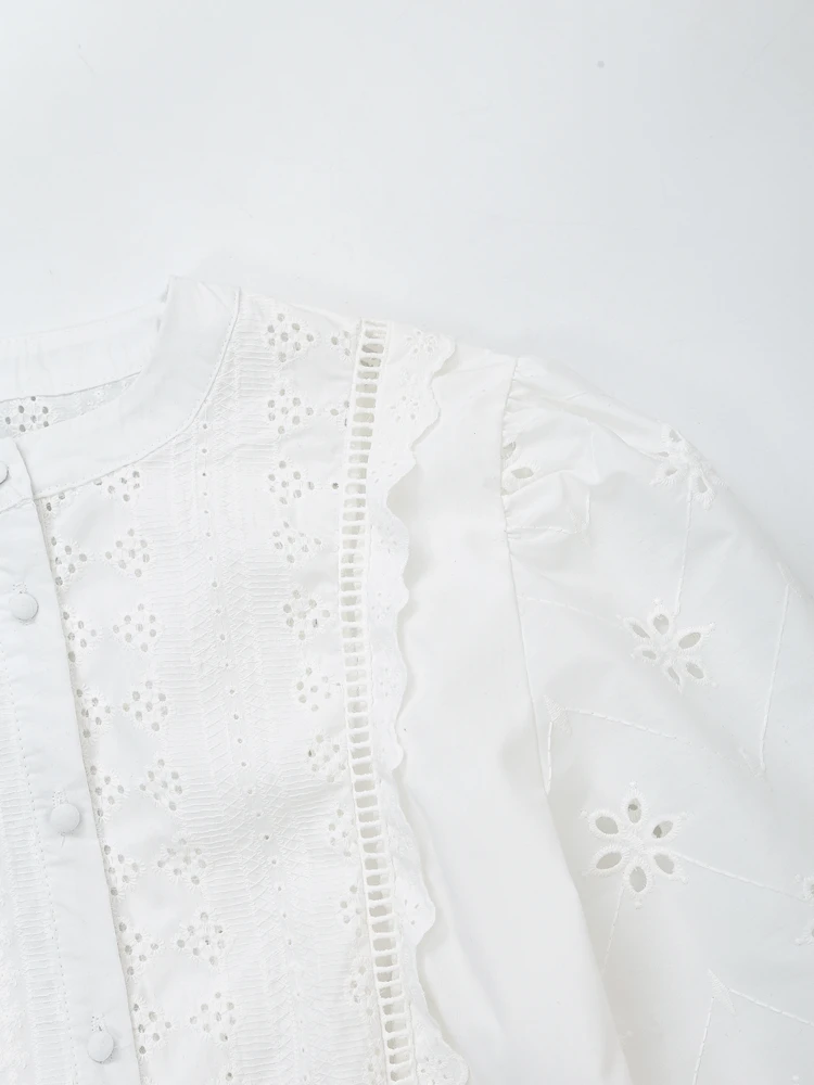 Tangada Women White Embroidery Cotton Shirt Puff Long Sleeve 2024 Fashion Female Crop Blouse Tops 6H031