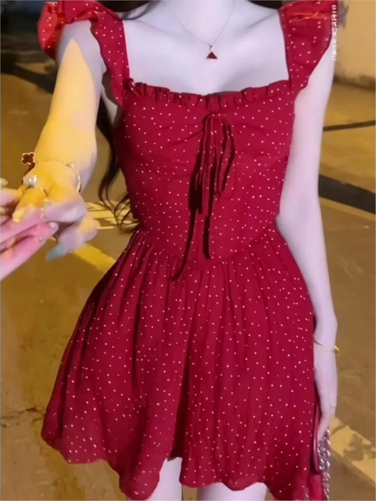 

Women's Sexy Hotgirl Dot Dresses Summer French Slash-Collar Slim Fit Hollowed Waist Lace-up A-Line Short Skirt 2025 New Fashion