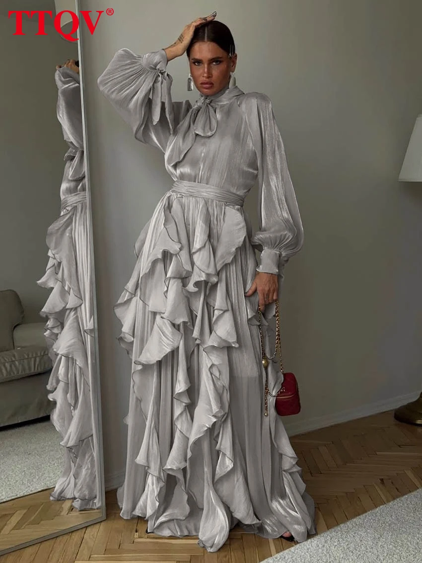 

TTQV Fashion Loose Gray Women's Dress 2026 Spring Bow Collar Long Sleeve Maxi Dresses Elegant Classic Ruffles Female Dress