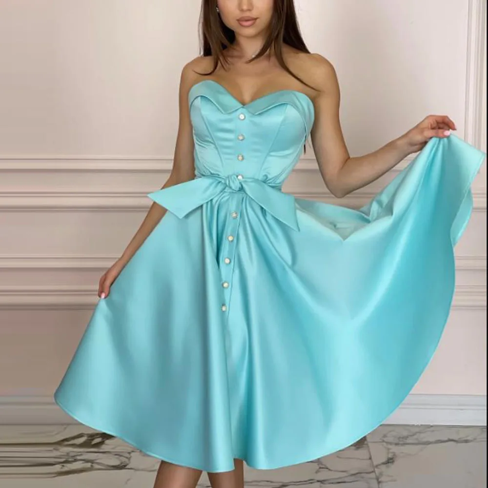 カスタムフロントボタンティーレングスプロムドレス、スイートハートプリーツショートイブニングパーティーガウン、サテンAラインミディ丈ホコドレス