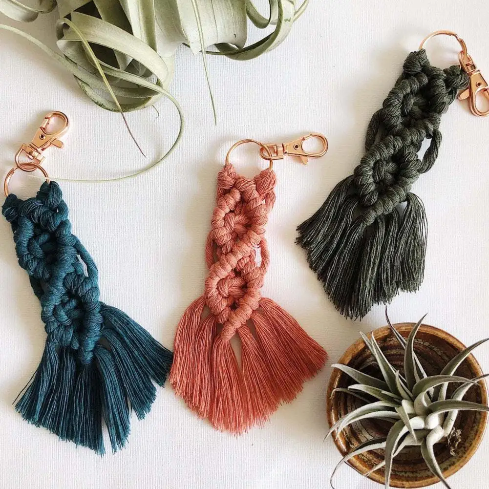 Hand Knitted Macrame Keychains Bohemian Tassel Metal Buckle Key Chain Women Bag Pendant Car Key Chain Jewelry Tassel Key Ring