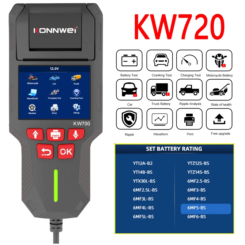 KONNWEI KW720 12V 24V Battery Tester 10-2000CCA With Startup Charging Test Tools Printer Battery Diagnosis-Tool Gift KW906