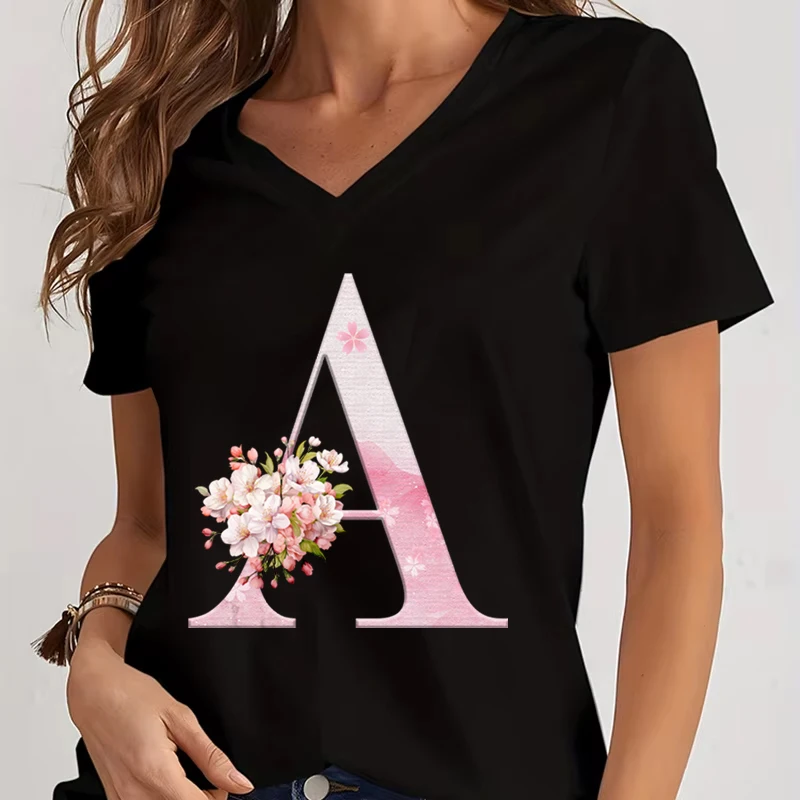 Cherry Blossom Letter B Women's V-Neck T-Shirt Pink Sakura Alphabet Shirts 26 English Alphabet Summer T-shirts Casual Tops