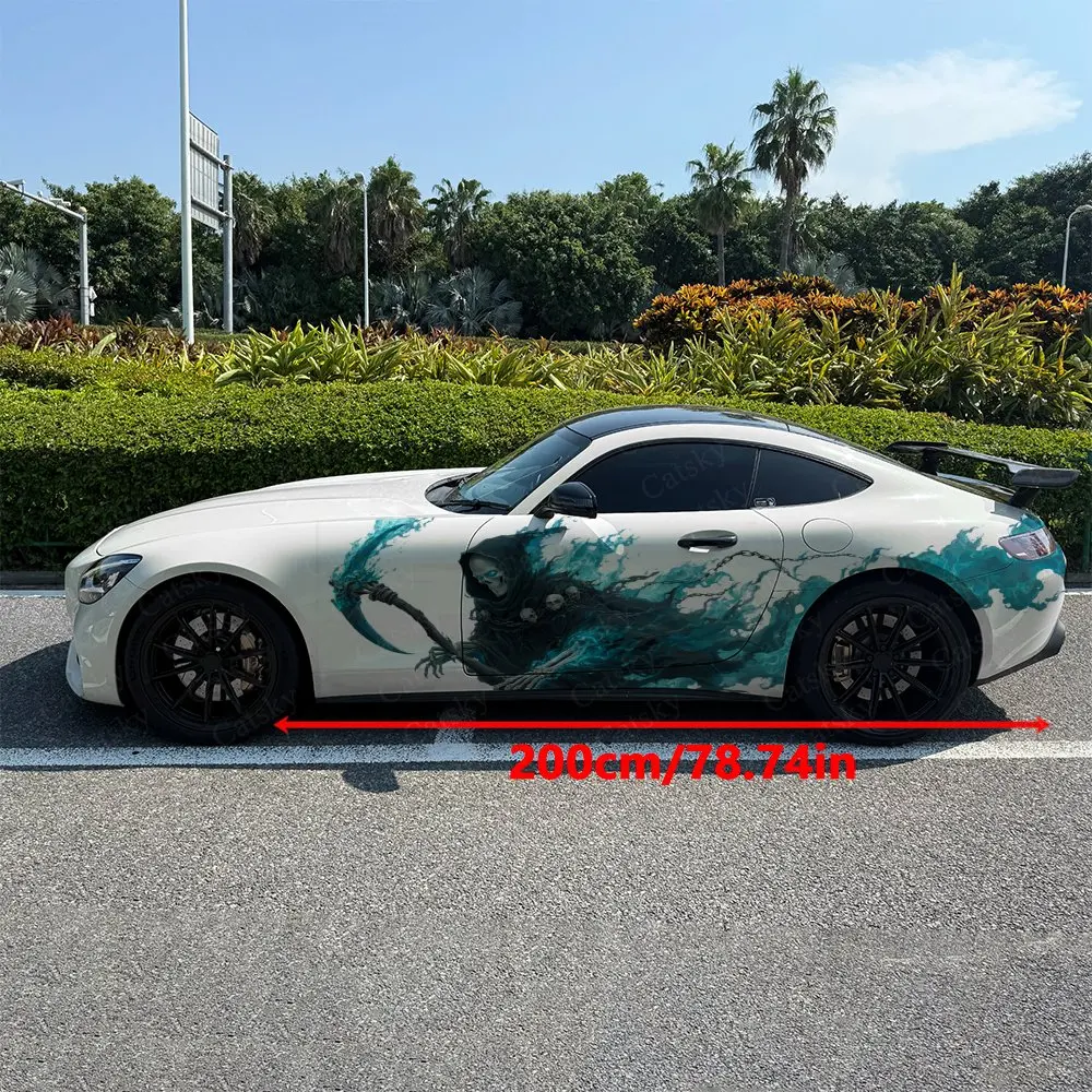 2pcs Blue flames sickle reaper Car Side Wraps, Self-Adhesive PVC Waterproof & Scratch-Resistant Stickers, Car Accessory Gift