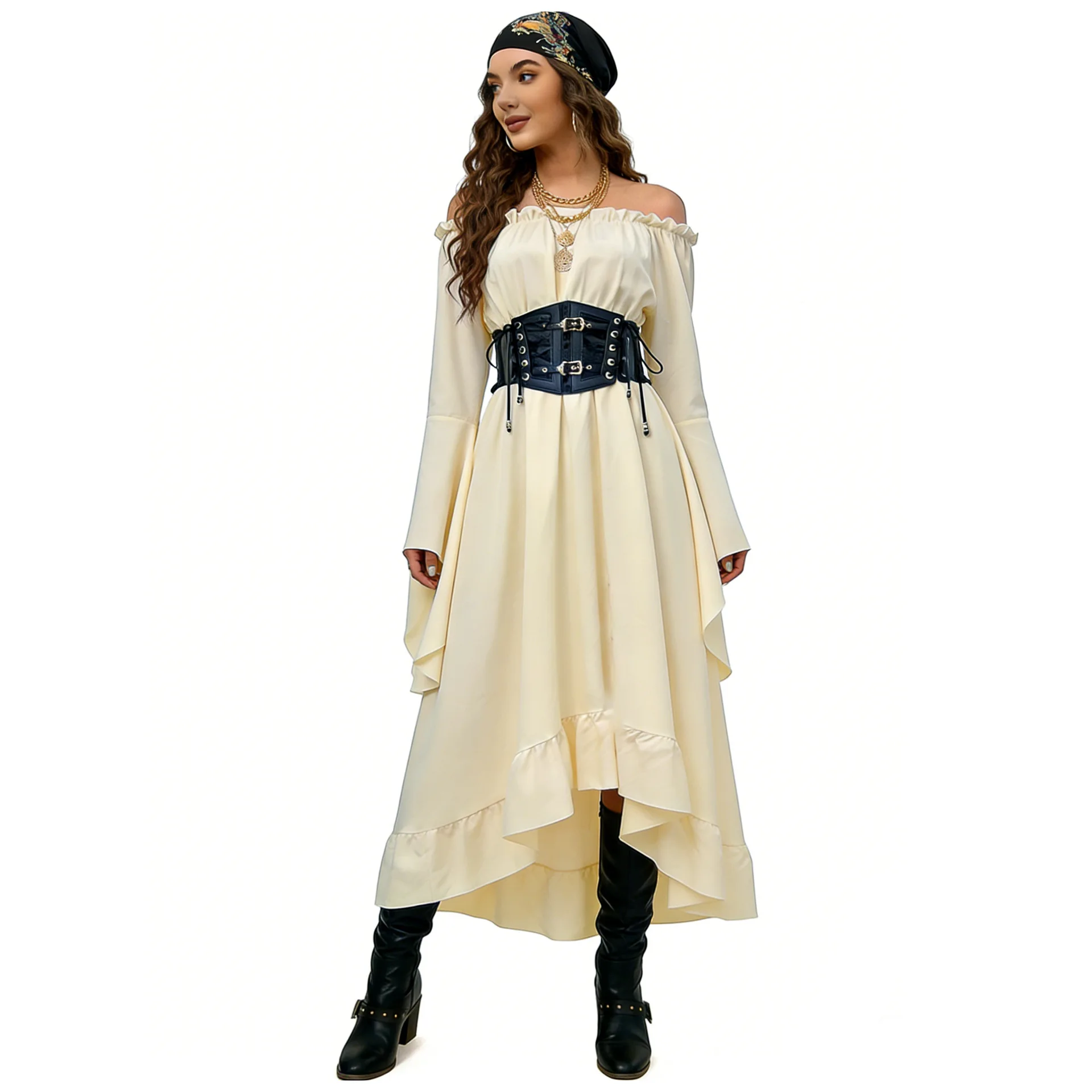 Disfraz de Pirata de Halloween para Mujer, Estilo Medieval Victoriano, Mangas Acampanadas, Vestido Largo, Disfraz de Dama Pirata del Caribe para Juego de Roles