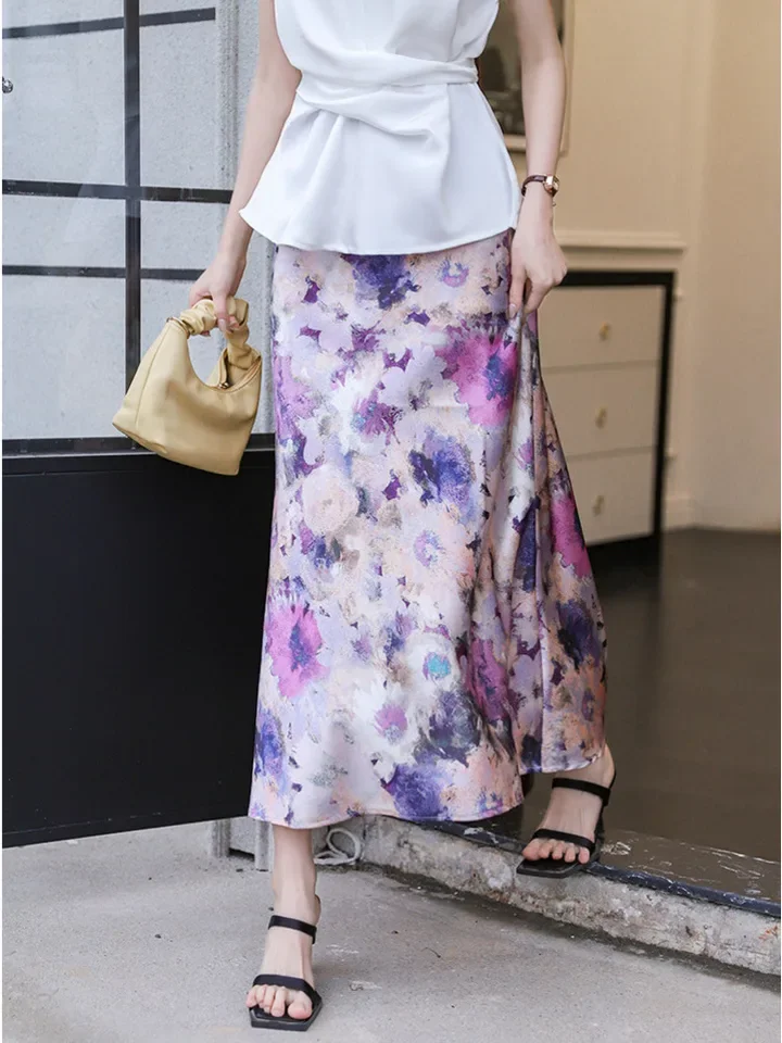 New High-waisted Satin Flowers Print A-line Women's Skirts 2026 Spring Summer Fashion Elegant Bodycon Long Skirt
