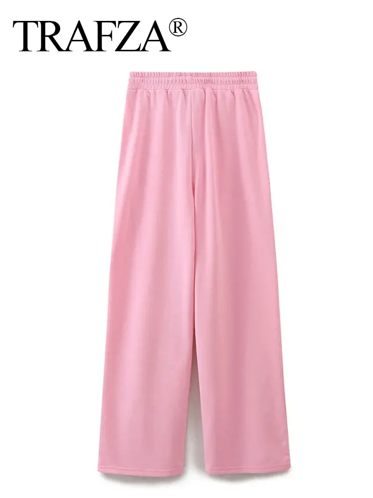 TRAFZA Spring Women Casual Straight Pant Sweet Pink Drawstring Loose Trousers 2024 New Fashion Solid Woman Jogging Pants