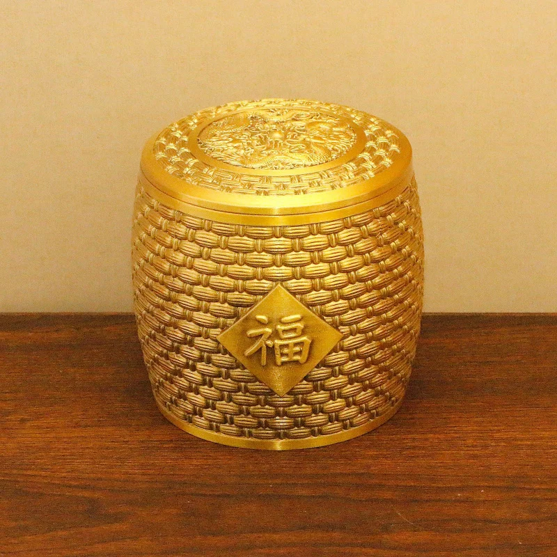 Brass Double Pure Copper Hundred Fortune Tea Canister with Lid for Home Living Room Office Sealed Storage C