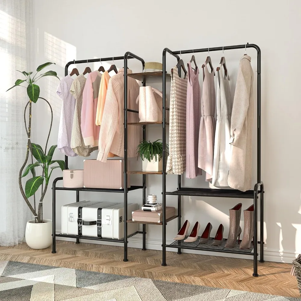 

Metal Clothes Rack with Wood Shelves, Clothing Rack for Hanging Clothes, 2 in 1 Adjustable Freestanding Garment Rack Closet