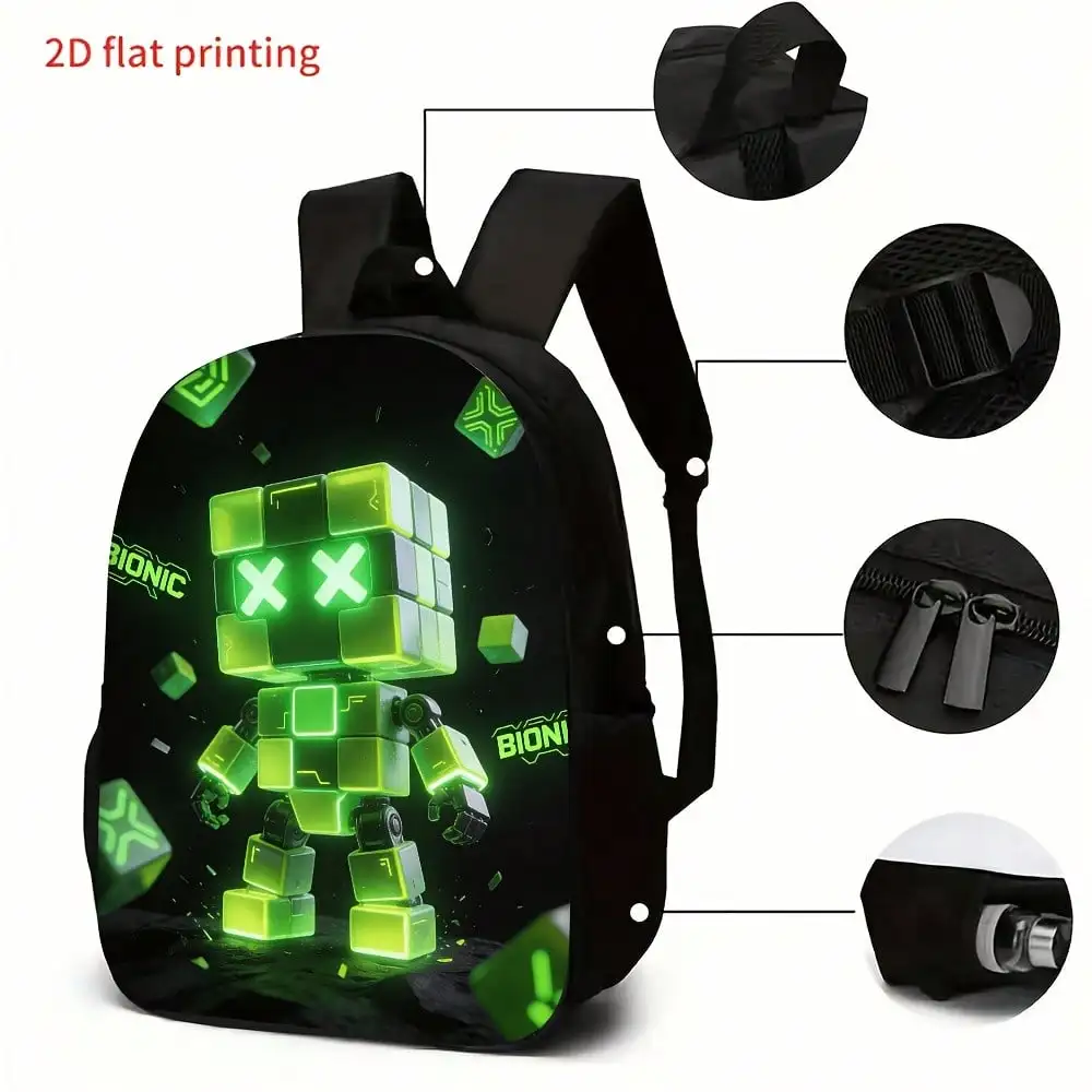 3pcs Green Glowing X Block Robot Printed Backpack Crossbody Bag And Pencil Bag Set, Fashion Portable Multipurpose Storage Bag Set For Daily Use Travel Outing