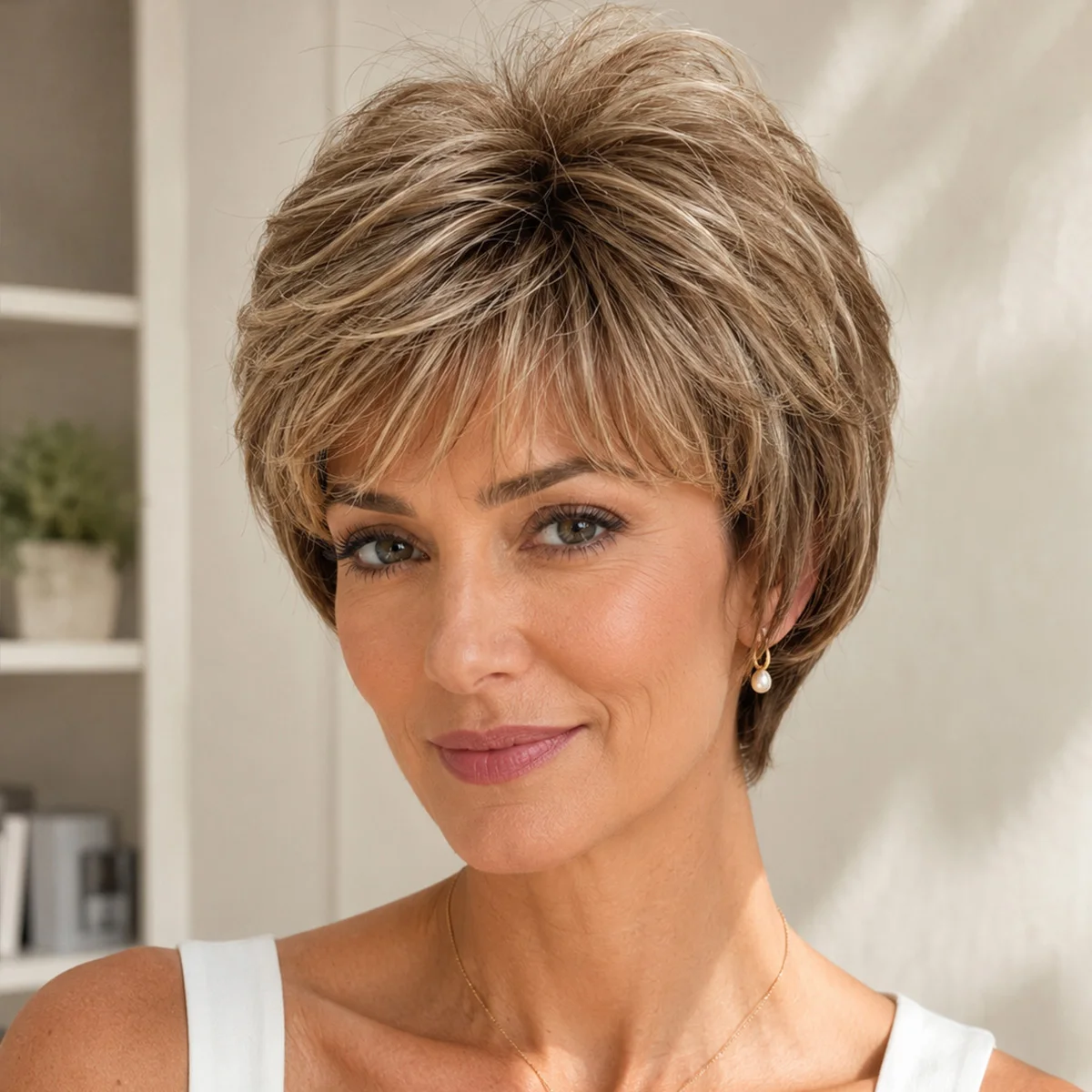 

10 Inch Short Pixie Cut Synthetic Wig For Women, Natural Dark Brown Layered Fluffy Wig With Bangs, Realistic Lightweight Daily W