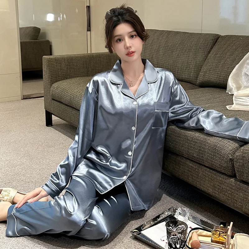 High Quality Light Luxury Ice Silk Pajamas Women's Pajama Spring Summer Autumn Style Long Sleeve Home Set Nightwear Sleepwear 3