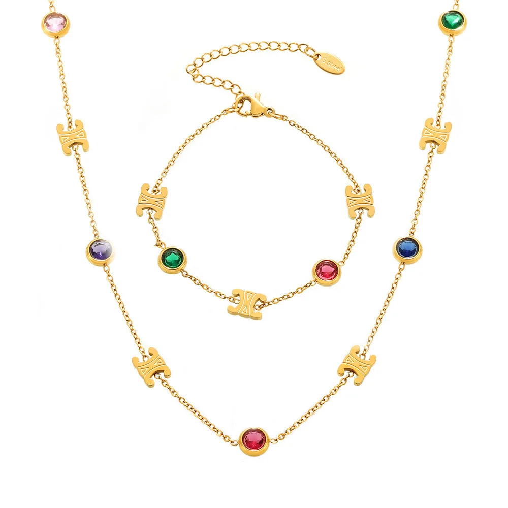 New Colored Diamond Set Necklace Bracelet Jewelry Set Stainless Steel Gold Plated Luxury