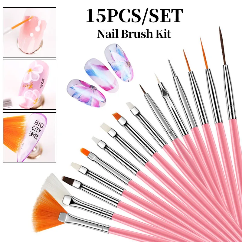 LINMANDA 15 Pink Nail Art Brushes Set Nail Art Painting Brushes Nail Salon Brush Tools Suitable for Home and Nail Salon Use