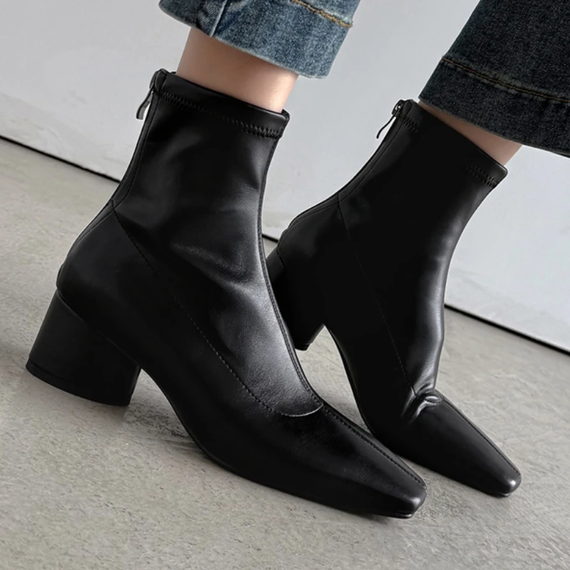 

Elegant Women's Ankle Boots Autumn Winter Shoes 2025 Leather Square toe Short Boot Black White Block Low Heels Footwear Shoes