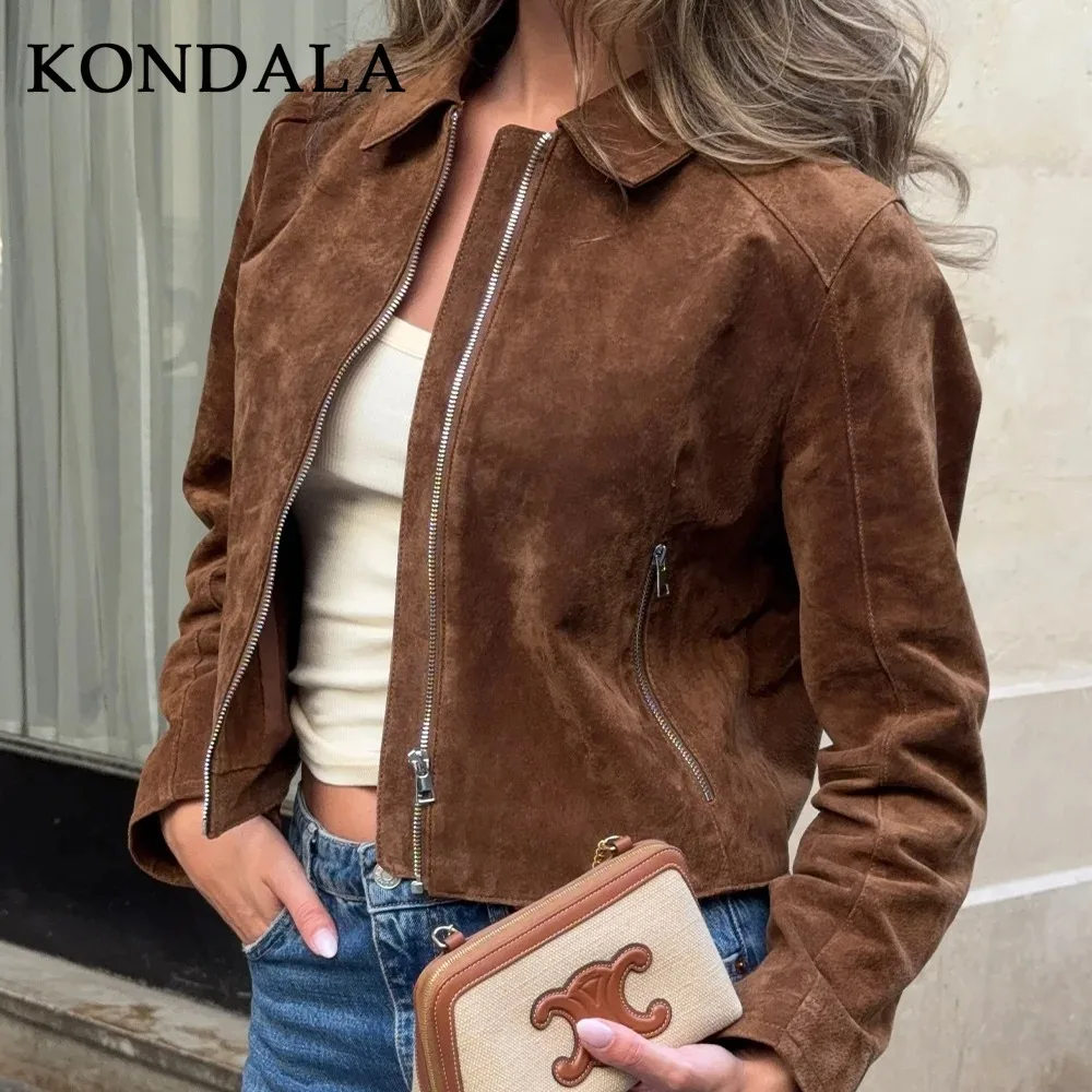 KONDALA 2025, Herbst und Winter, Wildleder, mit Reißverschluss, Streetwear, Damenjacken, modisch, lässig, Umlegekragen, braun, schick, elegante Damenjacken