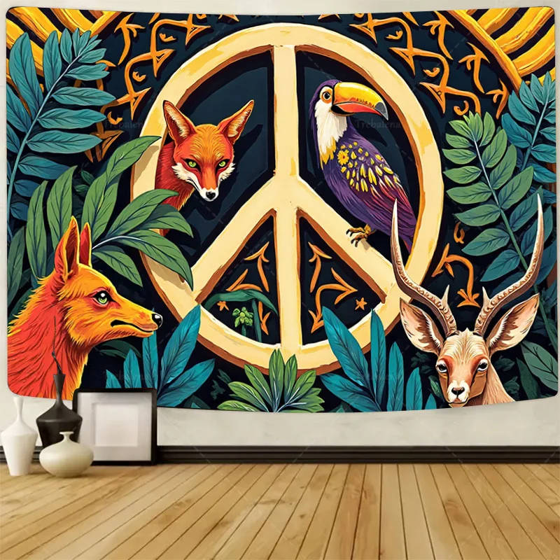 

1шт настенный гобелен знак мира гобелен с лисой, оленем и туканном в стиле тропических джунглей