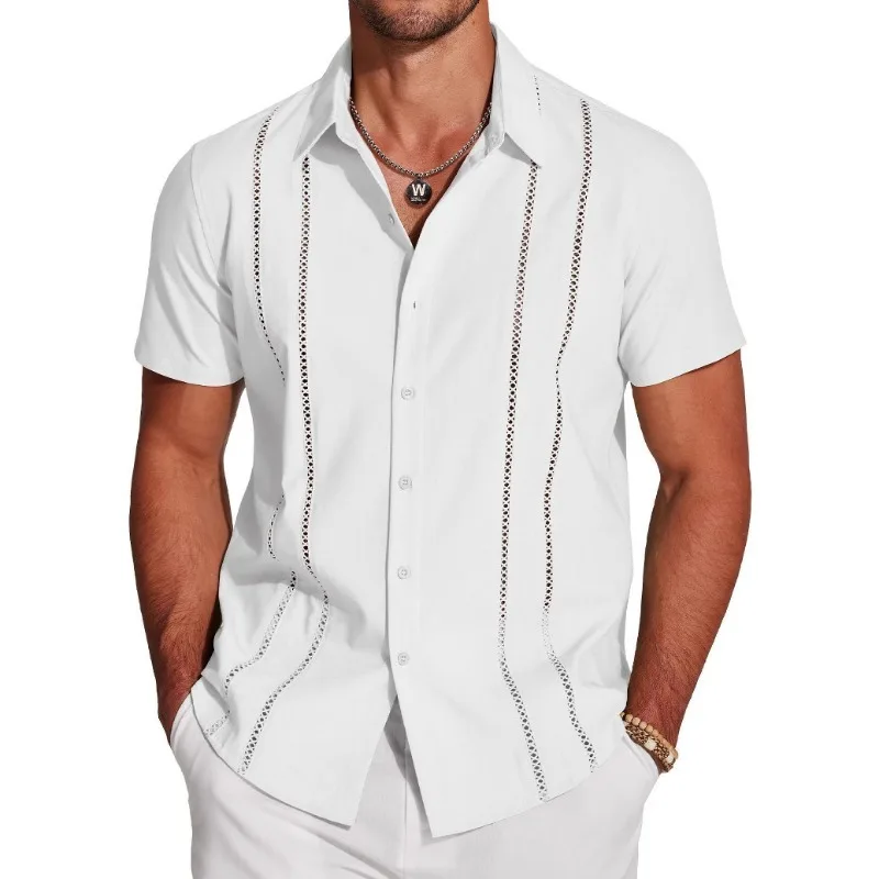 

Men's Summer Short Sleeve Button Down Shirt Casual Hollow Out Embroidery Cuban Collar Top