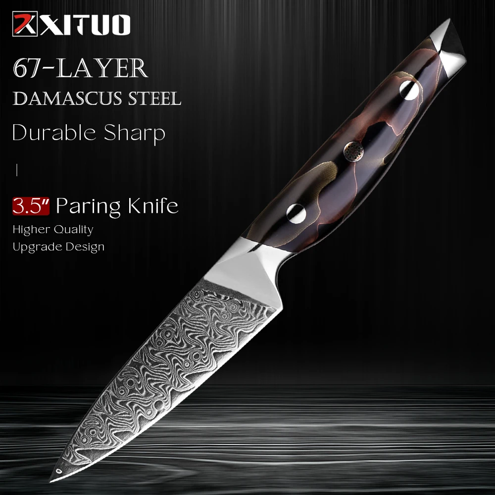 

3.5 Inch Fruit Knife Paring Knife, Japanese Damascus Steel Sharp Small Kitchen Knife Peeling knife,Copper Platinum Resin Handle