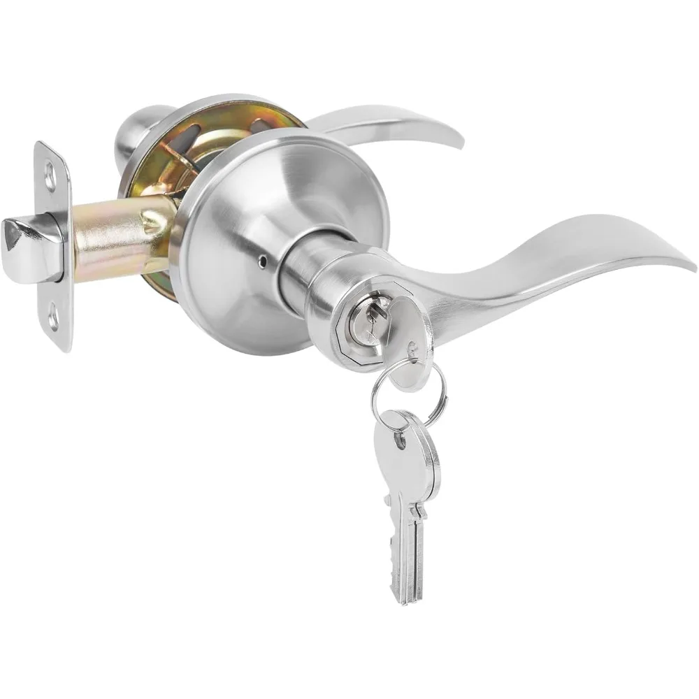 

Satin Nickel Entry Door Lever, Interior Exterior Door Handle, Wave Style Lever Door Handles with Lock and Key, Keyed Doors Lock Knob, 1 Pack