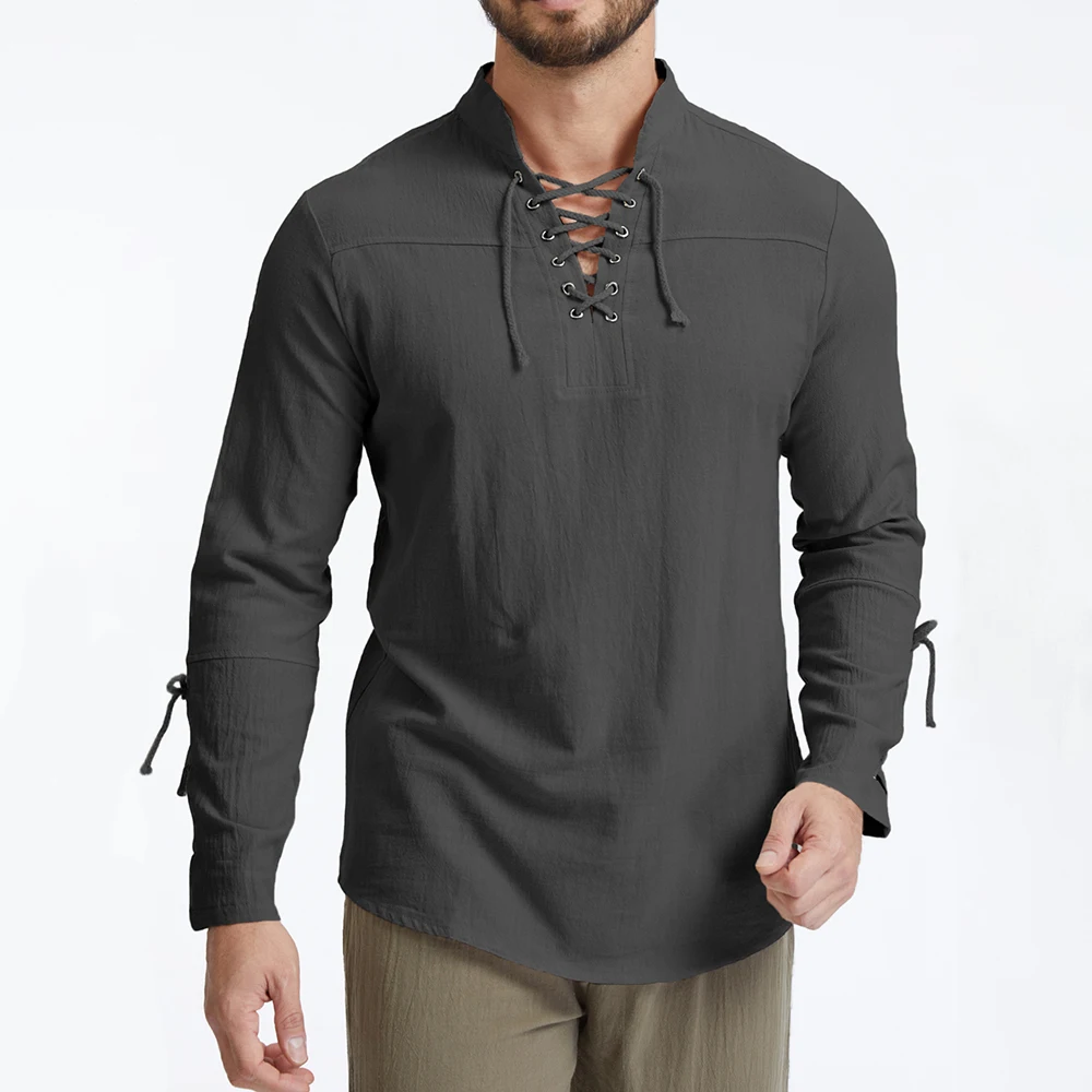 Men's Vintage Shirt Cotton Linen Breathable Lightweight Solid Color Stylish Tops Gothic Style Fashion Henley Neck Drawstring Top