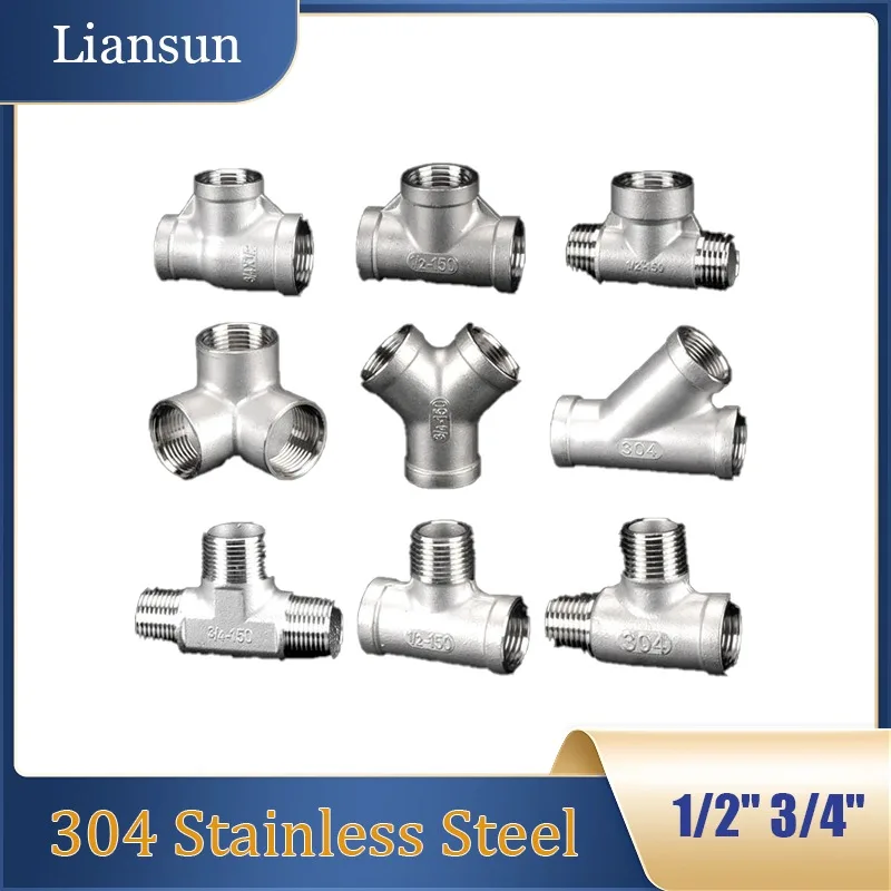 

1/2" & 3/4" 304 Stainless Steel Tee - Male/Female Thread Adapter for Gas & Water Pipe Fittings