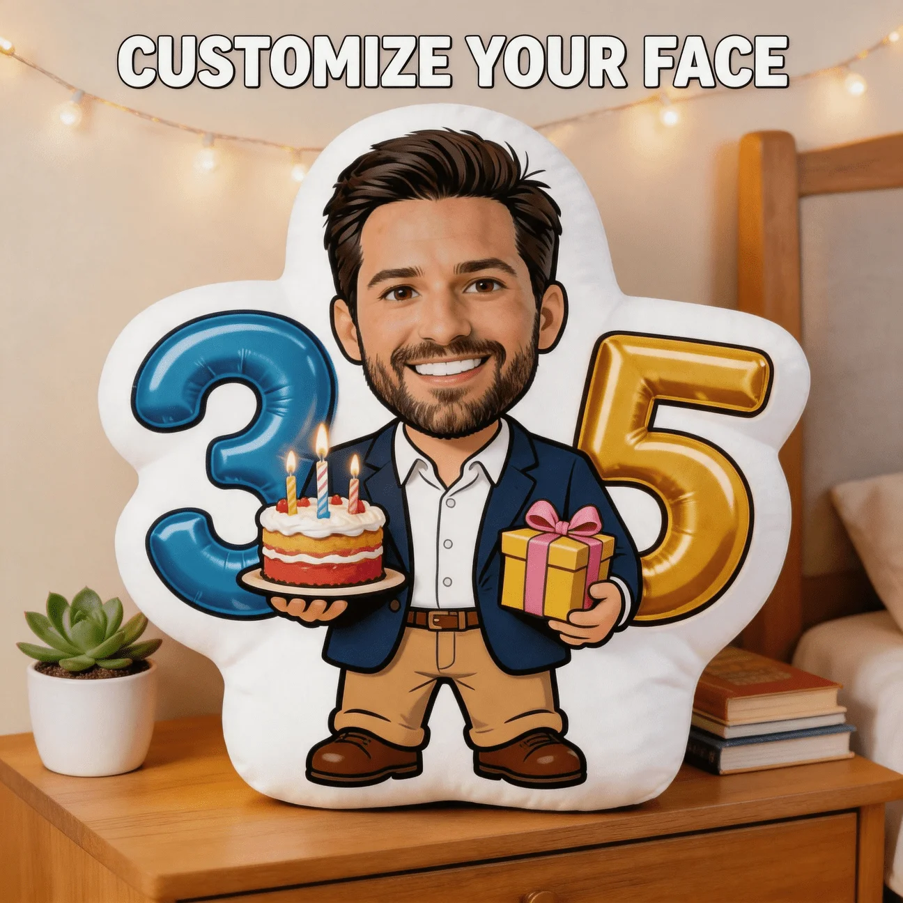 Custom Personalized Photo Face Pillow, 35Th Birthday Celebration Custom Shaped Decorative Cushion with Double-Sided Printing, 60