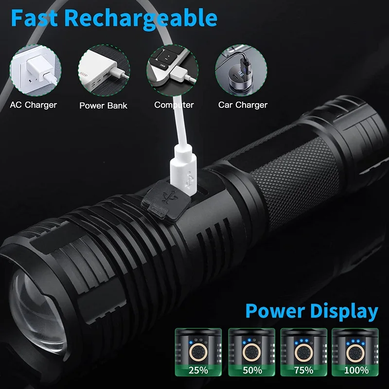 Powerful XHP70/XHP50 LED Flashlight Aluminium Alloy Tactical Flashlights Waterproof Torch Zoomable Torch for Camping Hiking