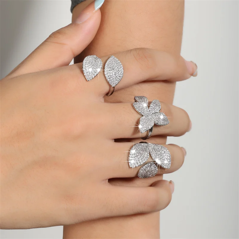 RAKOL Flower Leaf Adjustable Rings for Women Delicate Silver Color Zircon Open Ring Fashion Wedding Party Jewelry