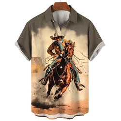 Vintage Western Cowboy 3d Bedrukt Heren Shirt Man/Vrouwen Mode Korte Mouwen Shirts Revers Knoop Tops Oversized Unisex Kleding