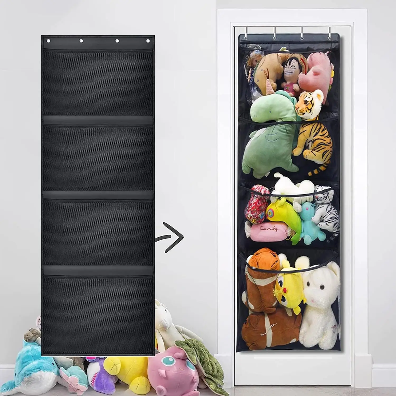 Over The Door Hanging Mesh Storage Bag with 4 Large Pockets Stuffed Animal Organizer Wall Mount Plush Toy Sundries Bag for Room