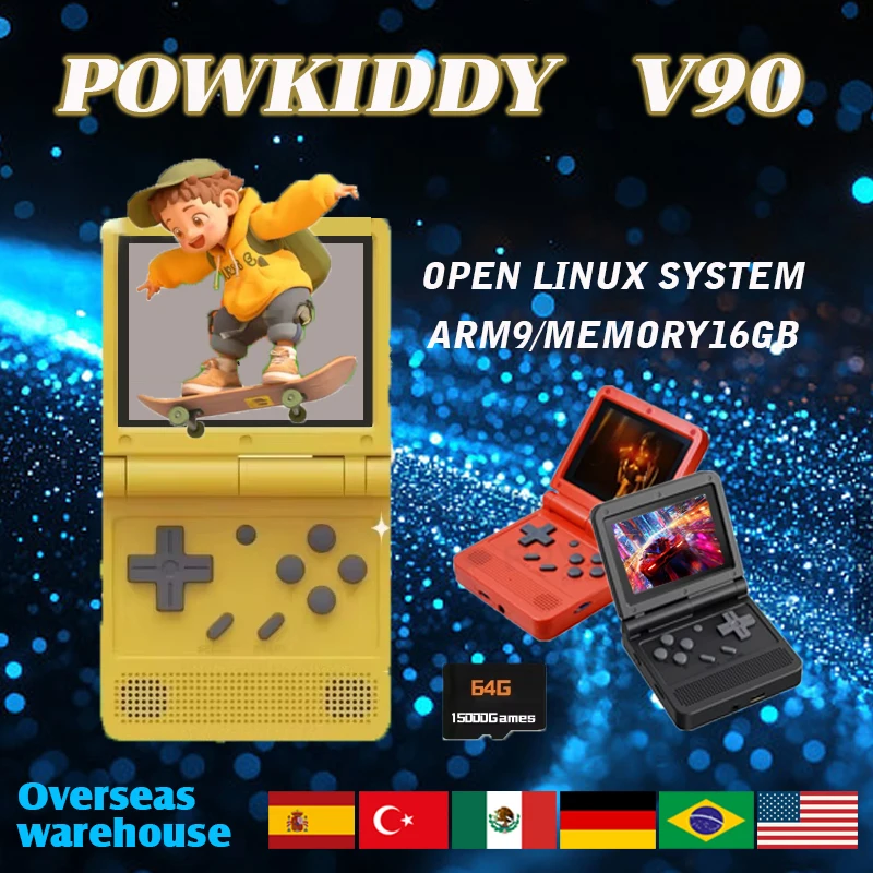 

POWKIDDY V90 Flip Handheld Game Console 3-Inch IPS Screen Open System Built In 2000 Games Console 16 Simulators Children Gifts