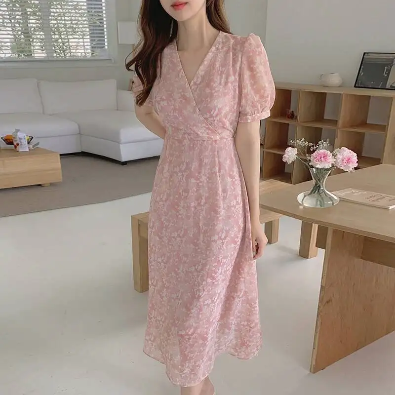 韓国風プリントドレス 夏 セクシー クロスVネック パフスリーブ シフォンドレス レディース ヴィンテージ ピンク 花柄 ロングドレス ワンピース