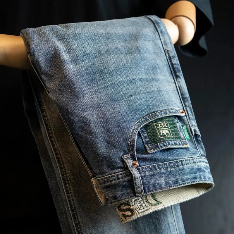 

Men's Casual Slim Straight Denim Jeans, Streetwear Pants with Embroidered Waistband in Retro Washed and Distressed Style, Breath