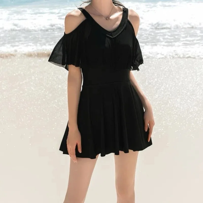 1 Piece Swimdress Cold Shoulder Ruffle Tummy Control Skirted swimsuit For Beach Pool Vacation Black Plus Size